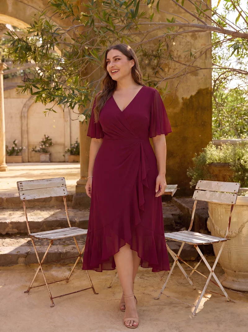 ever LARK|Robe invitée mariage mi-longue plissée en mousseline de soie - Manches à volants & Col en V