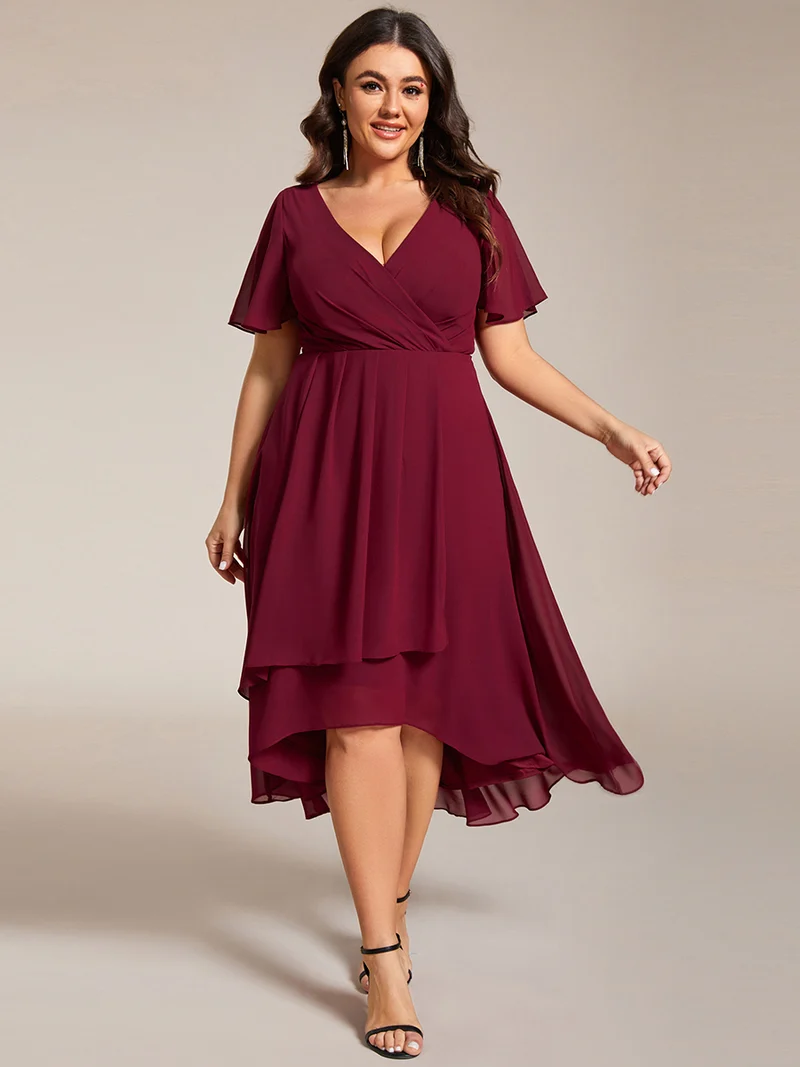 ever LARK|Robe invitée mariage mi-longue plissée en mousseline de soie - Manches à volants & Col en V