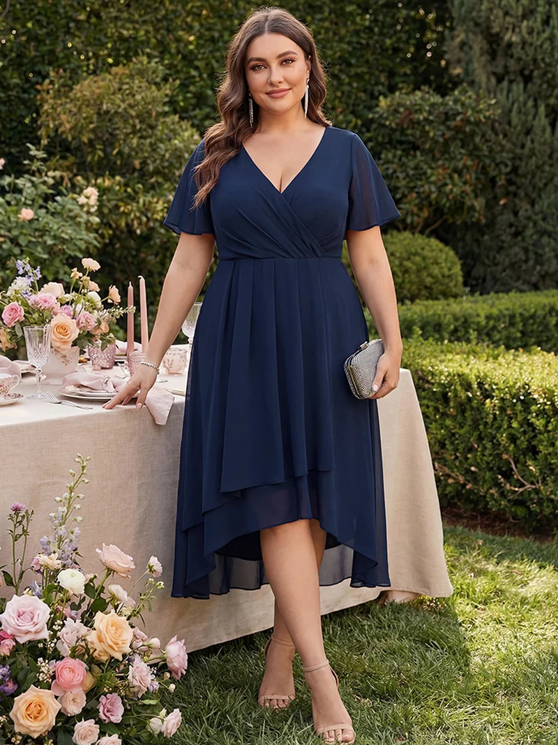 ever LARK|Robe invitée mariage mi-longue plissée en mousseline de soie - Manches à volants & Col en V