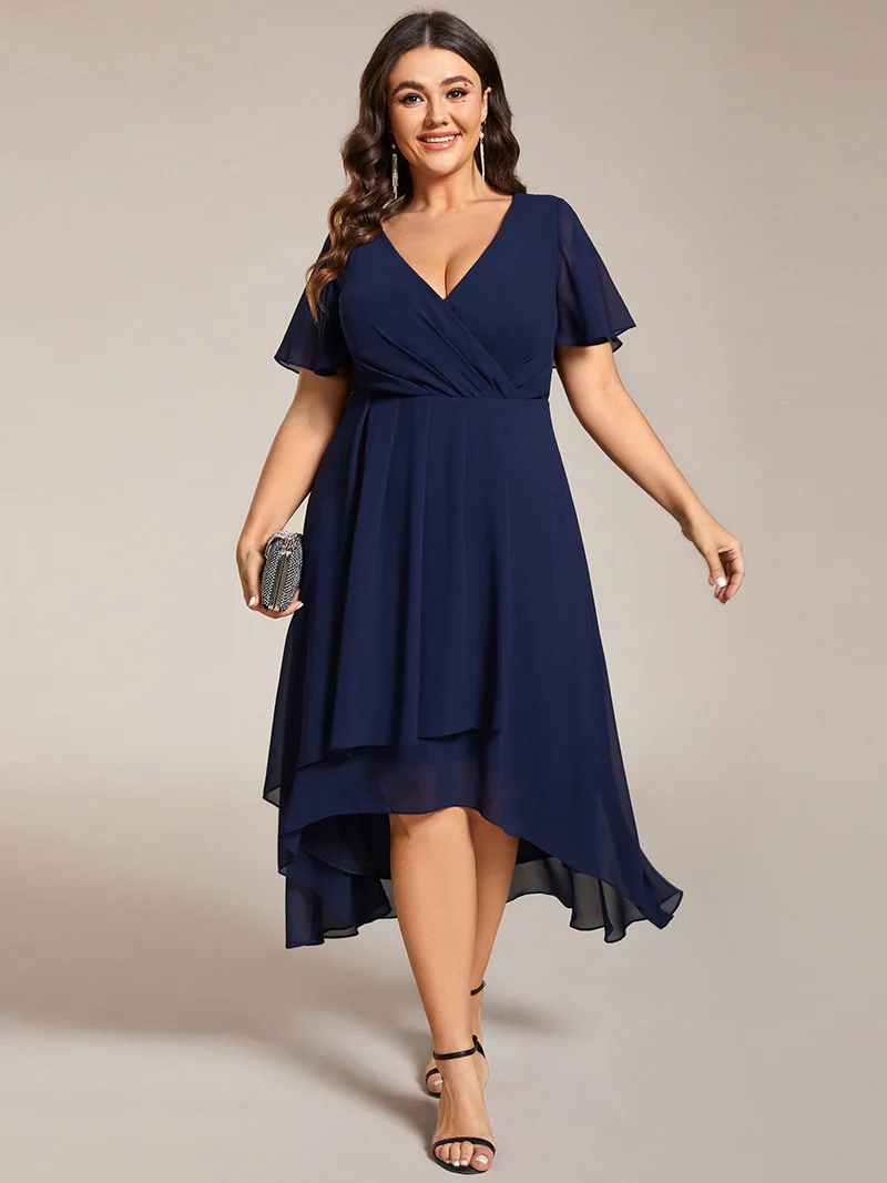 ever LARK|Robe invitée mariage mi-longue plissée en mousseline de soie - Manches à volants & Col en V