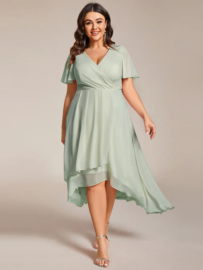 ever LARK|Robe invitée mariage mi-longue plissée en mousseline de soie - Manches à volants & Col en V
