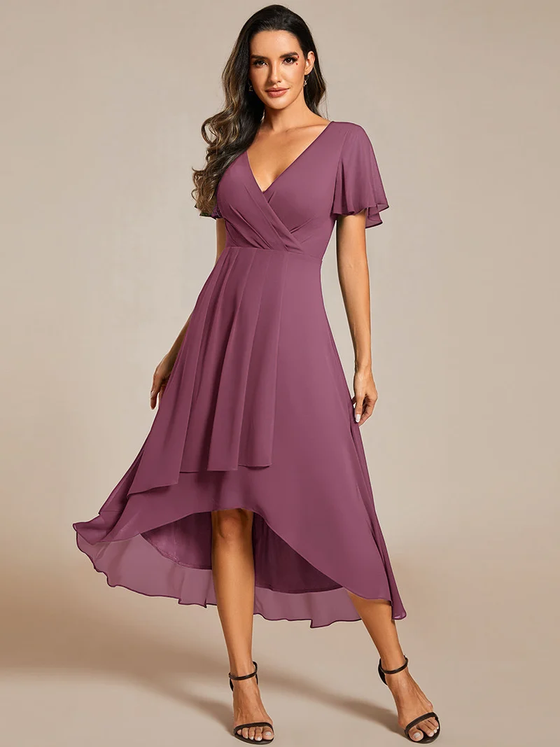 ever LARK|Robe invitée mariage mi-longue plissée en mousseline de soie - Manches à volants & Col en V