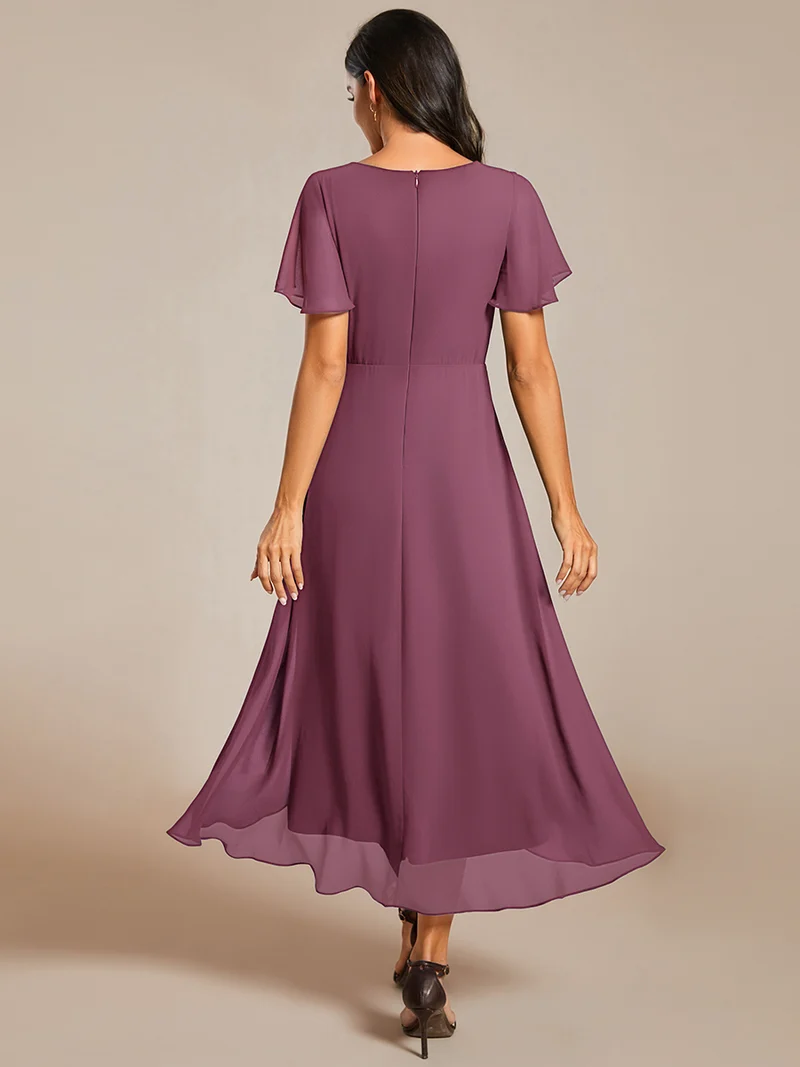 ever LARK|Robe invitée mariage mi-longue plissée en mousseline de soie - Manches à volants & Col en V