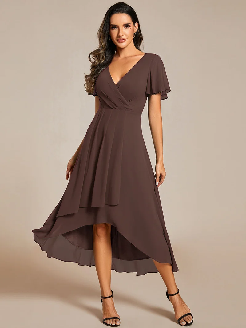 ever LARK|Robe invitée mariage mi-longue plissée en mousseline de soie - Manches à volants & Col en V