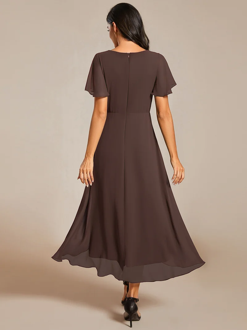 ever LARK|Robe invitée mariage mi-longue plissée en mousseline de soie - Manches à volants & Col en V