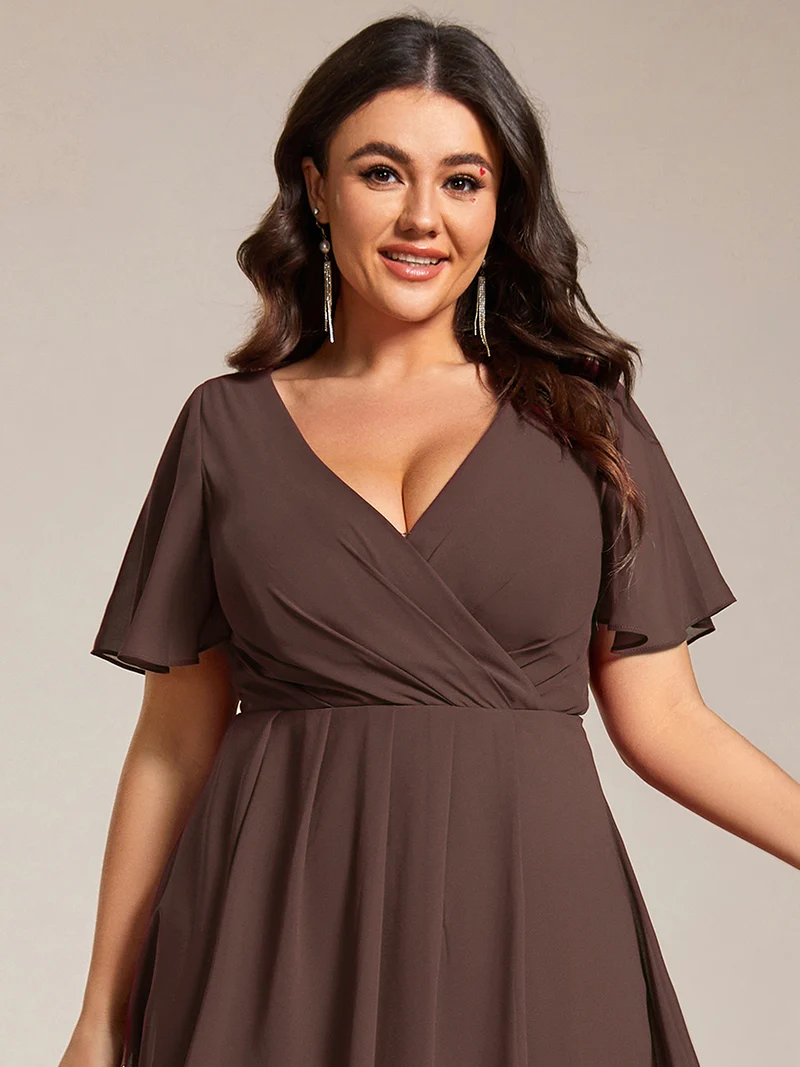 ever LARK|Robe invitée mariage mi-longue plissée en mousseline de soie - Manches à volants & Col en V