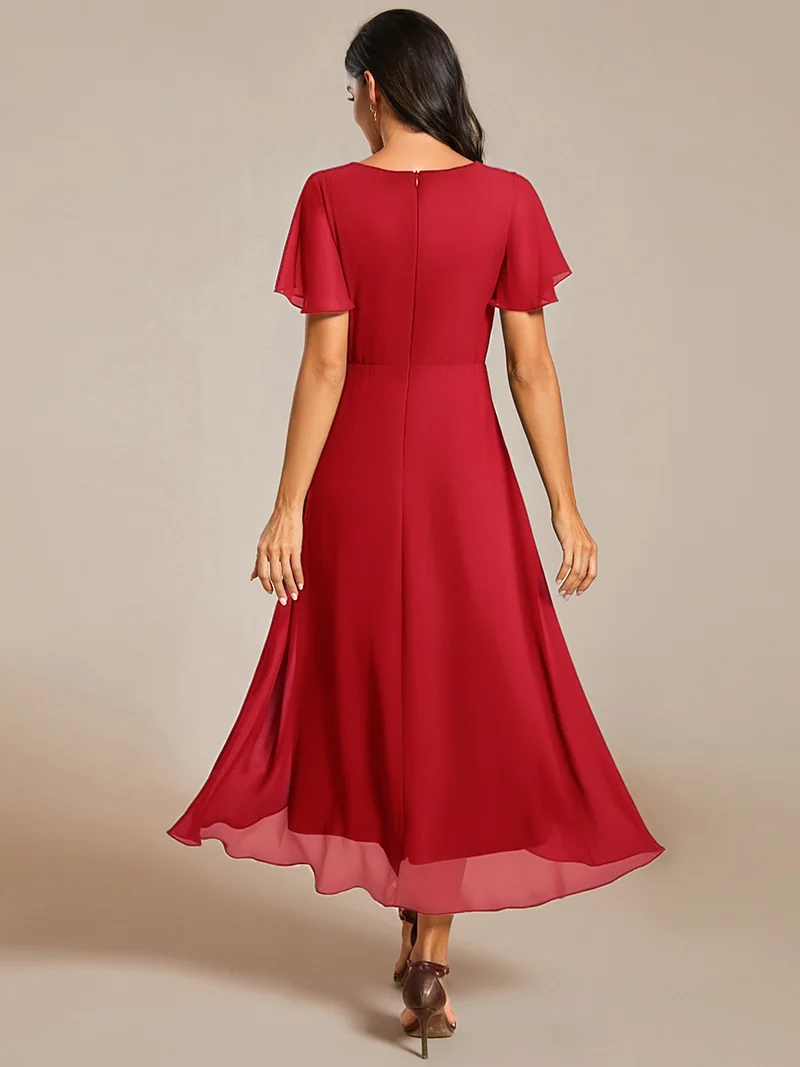 ever LARK|Robe invitée mariage mi-longue plissée en mousseline de soie - Manches à volants & Col en V
