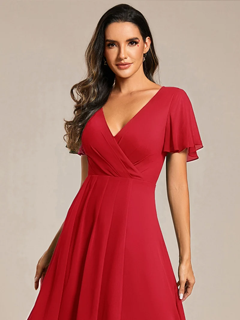 ever LARK|Robe invitée mariage mi-longue plissée en mousseline de soie - Manches à volants & Col en V