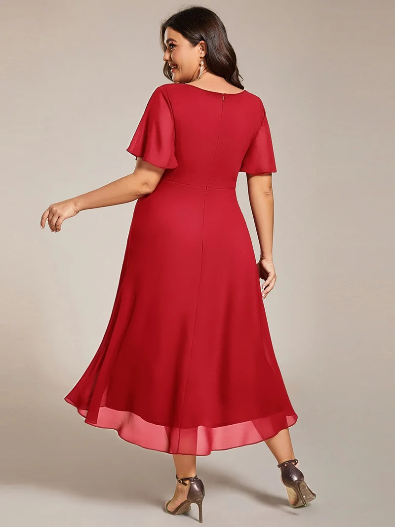 ever LARK|Robe invitée mariage mi-longue plissée en mousseline de soie - Manches à volants & Col en V