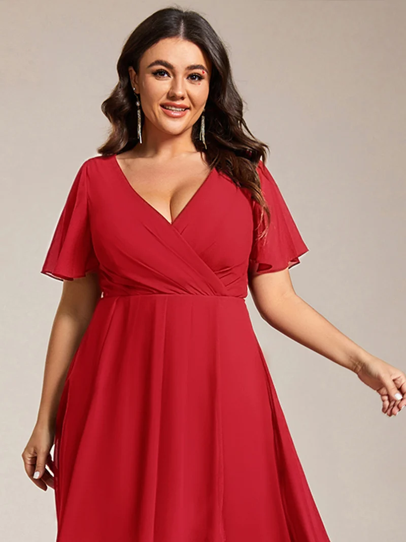 ever LARK|Robe invitée mariage mi-longue plissée en mousseline de soie - Manches à volants & Col en V
