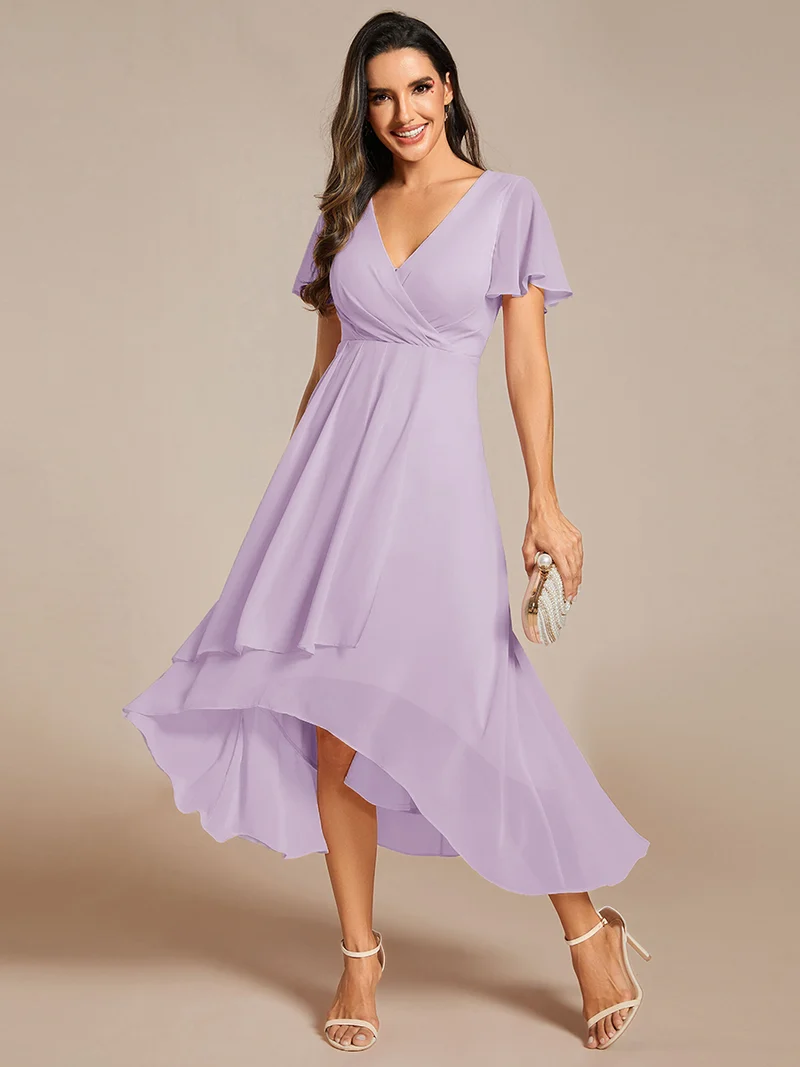 ever LARK|Robe invitée mariage mi-longue plissée en mousseline de soie - Manches à volants & Col en V
