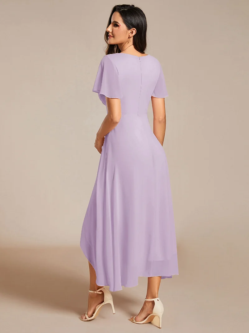 ever LARK|Robe invitée mariage mi-longue plissée en mousseline de soie - Manches à volants & Col en V