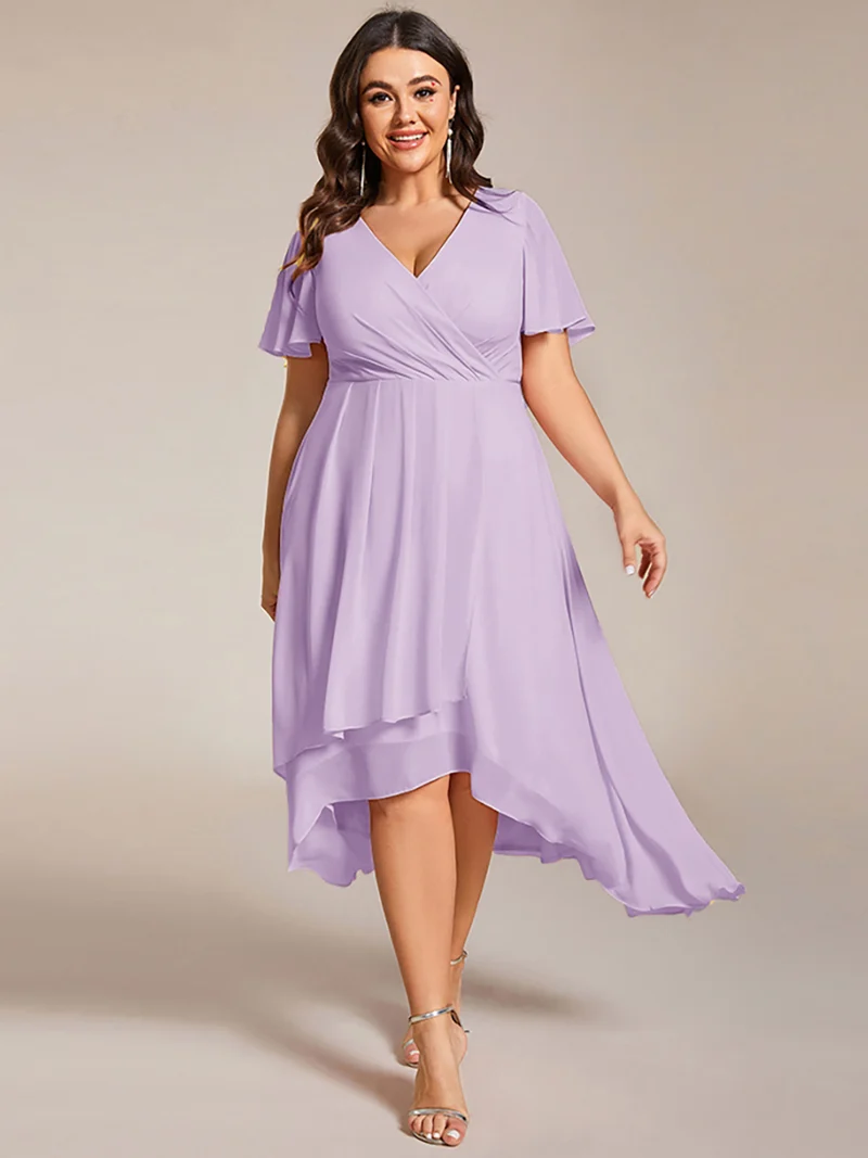ever LARK|Robe invitée mariage mi-longue plissée en mousseline de soie - Manches à volants & Col en V
