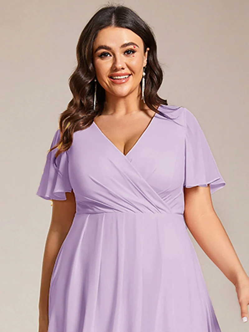 ever LARK|Robe invitée mariage mi-longue plissée en mousseline de soie - Manches à volants & Col en V