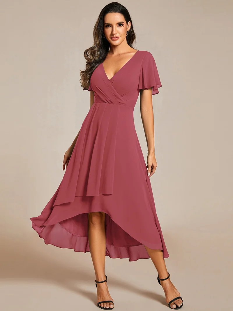 ever LARK|Robe invitée mariage mi-longue plissée en mousseline de soie - Manches à volants & Col en V