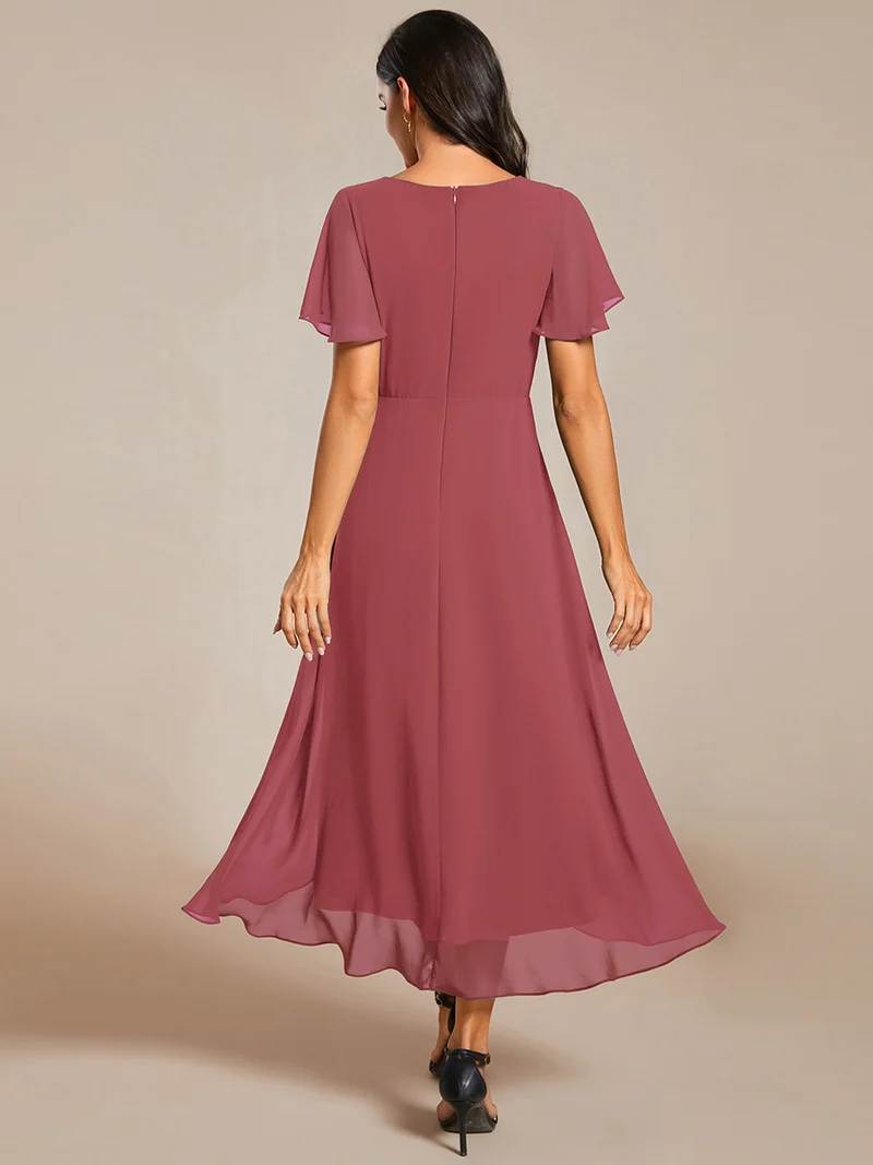 ever LARK|Robe invitée mariage mi-longue plissée en mousseline de soie - Manches à volants & Col en V