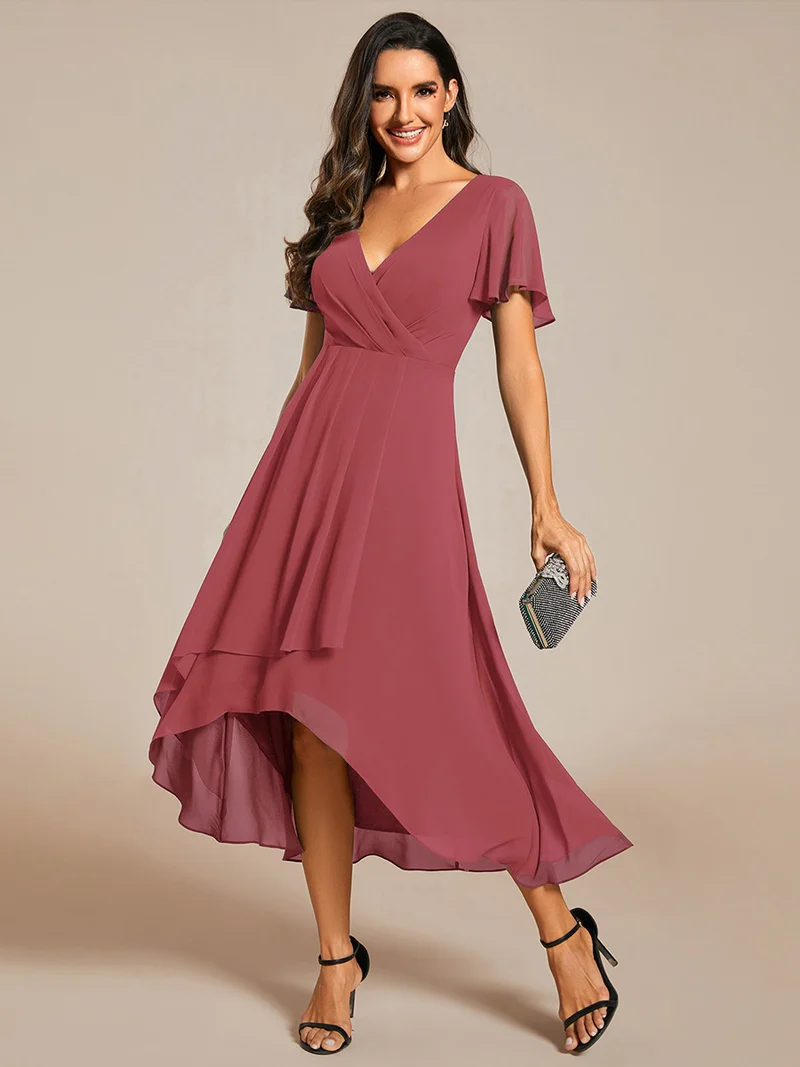 ever LARK|Robe invitée mariage mi-longue plissée en mousseline de soie - Manches à volants & Col en V