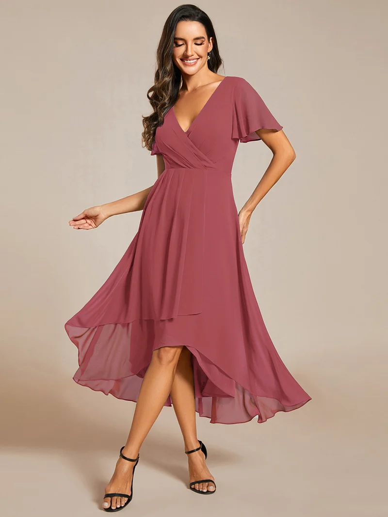 ever LARK|Robe invitée mariage mi-longue plissée en mousseline de soie - Manches à volants & Col en V