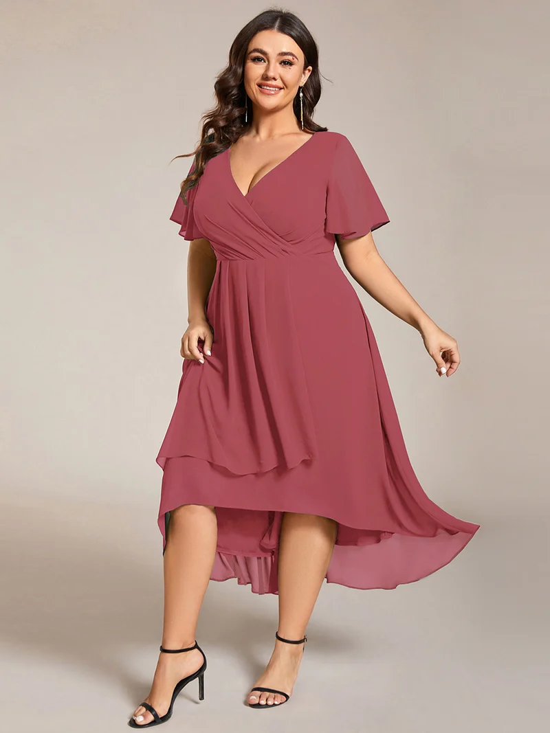 ever LARK|Robe invitée mariage mi-longue plissée en mousseline de soie - Manches à volants & Col en V