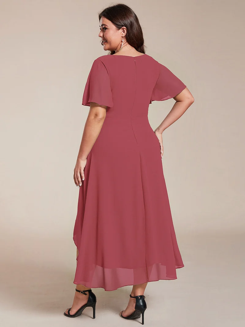 ever LARK|Robe invitée mariage mi-longue plissée en mousseline de soie - Manches à volants & Col en V