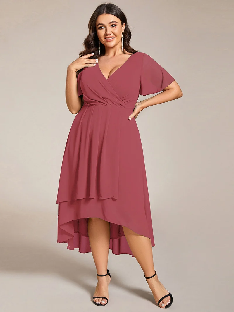 ever LARK|Robe invitée mariage mi-longue plissée en mousseline de soie - Manches à volants & Col en V