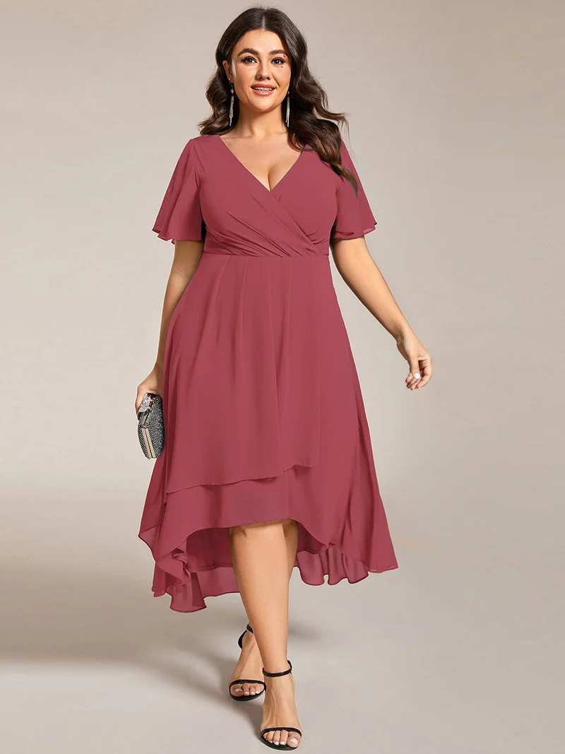 ever LARK|Robe invitée mariage mi-longue plissée en mousseline de soie - Manches à volants & Col en V