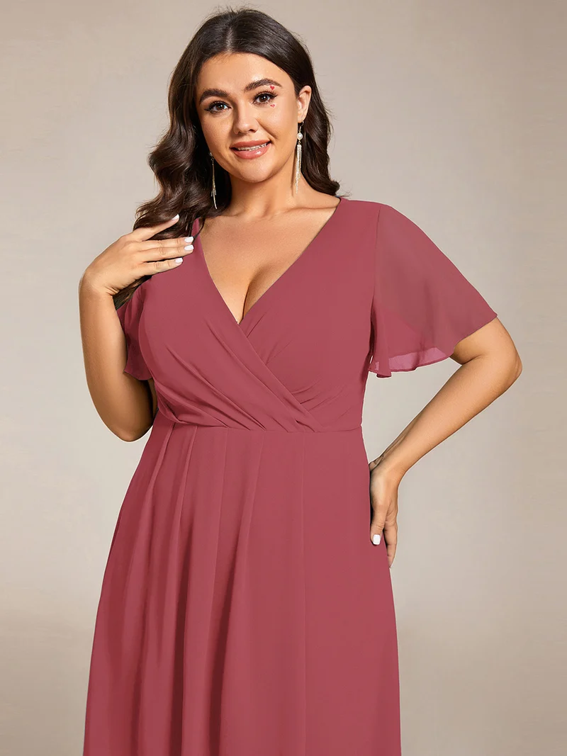 ever LARK|Robe invitée mariage mi-longue plissée en mousseline de soie - Manches à volants & Col en V
