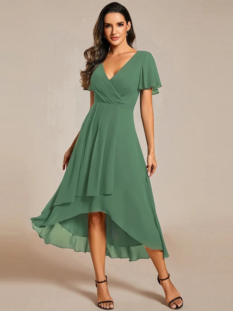 ever LARK|Robe invitée mariage mi-longue plissée en mousseline de soie - Manches à volants & Col en V