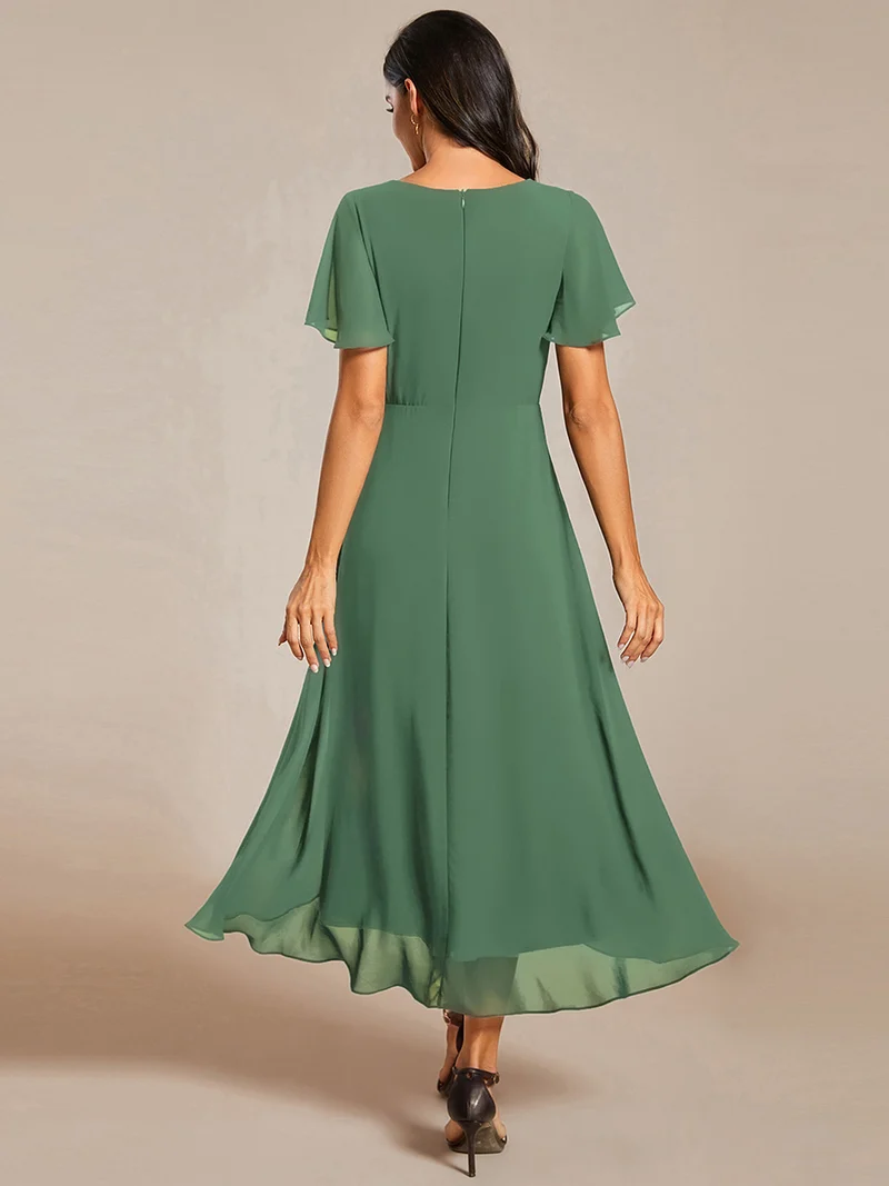 ever LARK|Robe invitée mariage mi-longue plissée en mousseline de soie - Manches à volants & Col en V