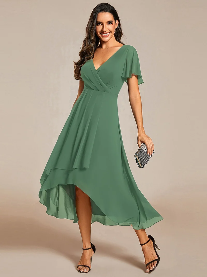 ever LARK|Robe invitée mariage mi-longue plissée en mousseline de soie - Manches à volants & Col en V