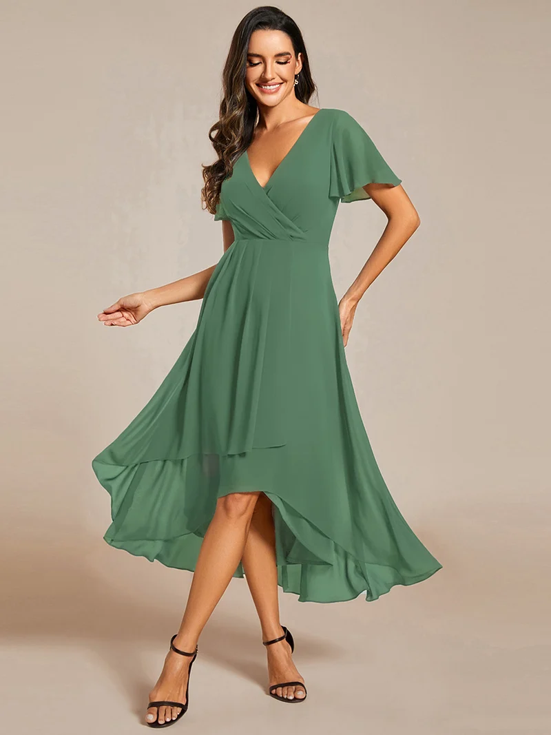 ever LARK|Robe invitée mariage mi-longue plissée en mousseline de soie - Manches à volants & Col en V