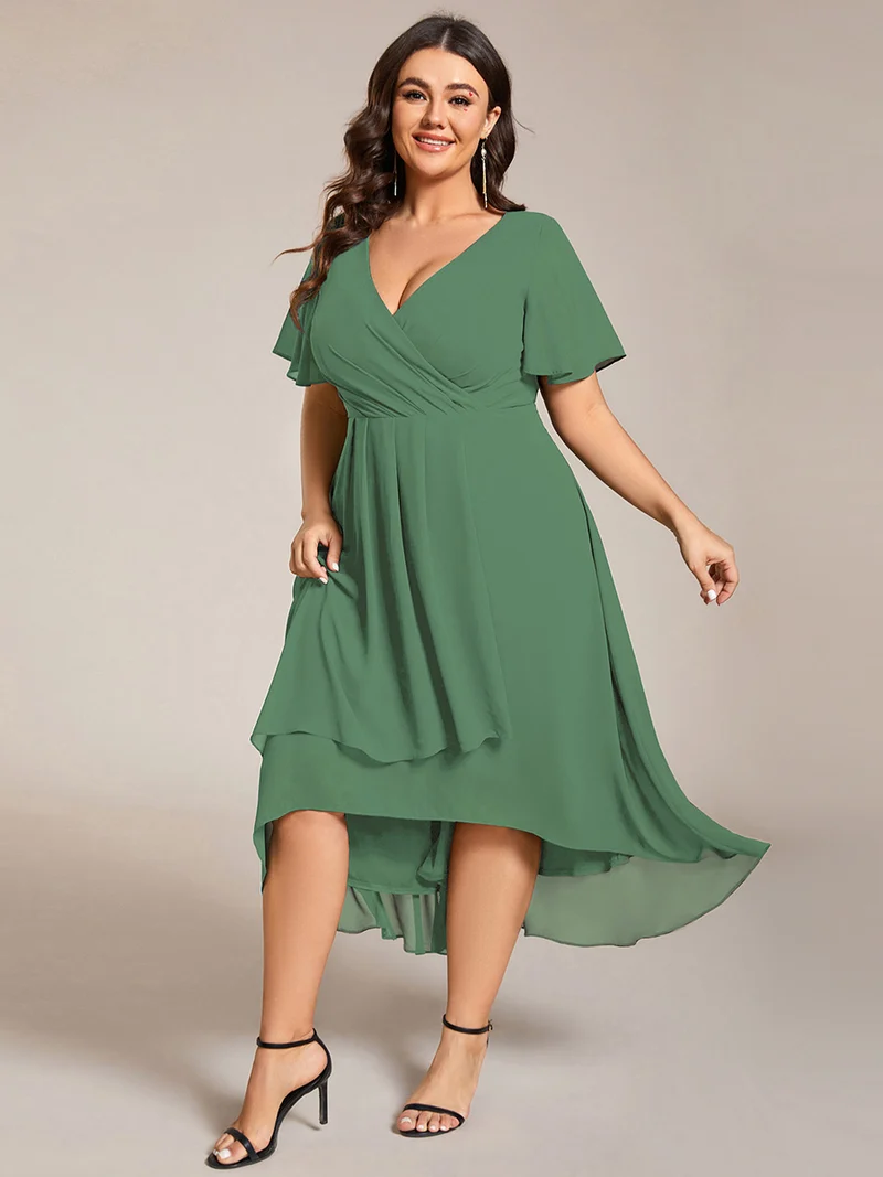 ever LARK|Robe invitée mariage mi-longue plissée en mousseline de soie - Manches à volants & Col en V
