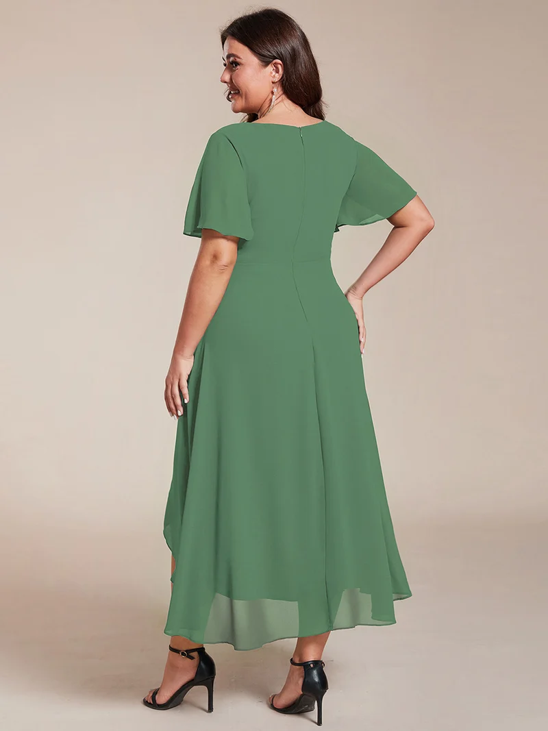 ever LARK|Robe invitée mariage mi-longue plissée en mousseline de soie - Manches à volants & Col en V