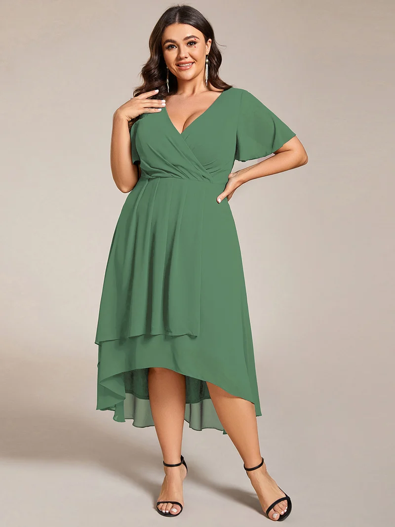 ever LARK|Robe invitée mariage mi-longue plissée en mousseline de soie - Manches à volants & Col en V