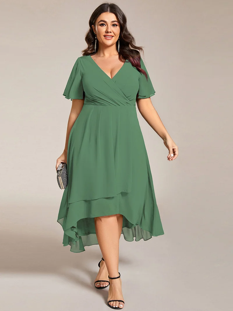 ever LARK|Robe invitée mariage mi-longue plissée en mousseline de soie - Manches à volants & Col en V