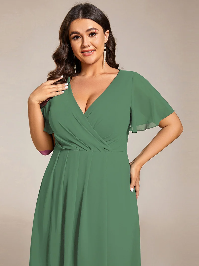 ever LARK|Robe invitée mariage mi-longue plissée en mousseline de soie - Manches à volants & Col en V
