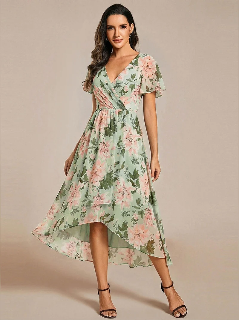 ever LARK|Robe invitée mariage mi-longue plissée en mousseline de soie - Manches à volants & Col en V