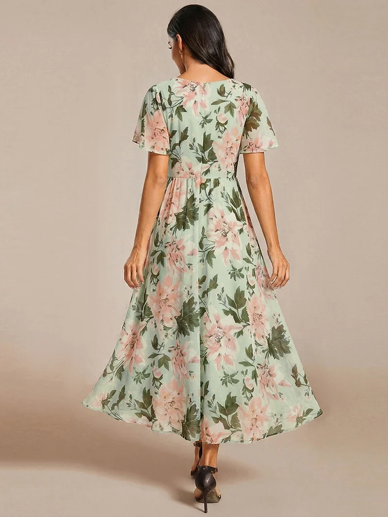 ever LARK|Robe invitée mariage mi-longue plissée en mousseline de soie - Manches à volants & Col en V