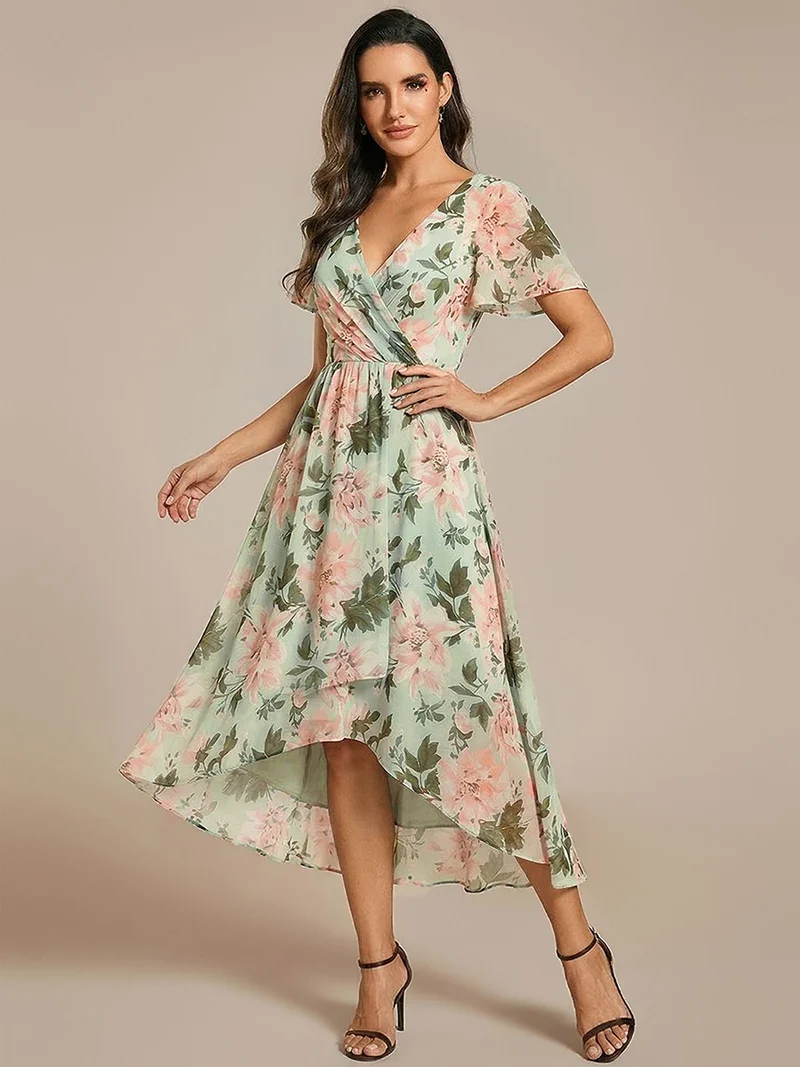 ever LARK|Robe invitée mariage mi-longue plissée en mousseline de soie - Manches à volants & Col en V