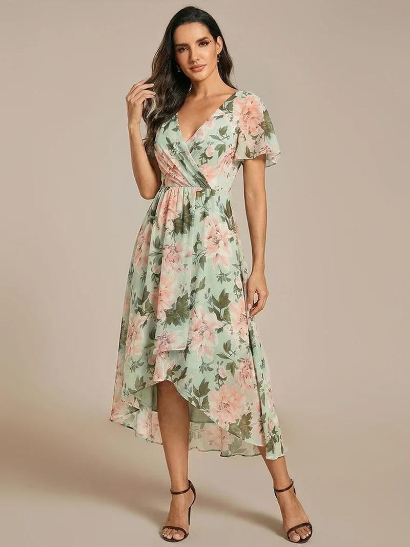 ever LARK|Robe invitée mariage mi-longue plissée en mousseline de soie - Manches à volants & Col en V