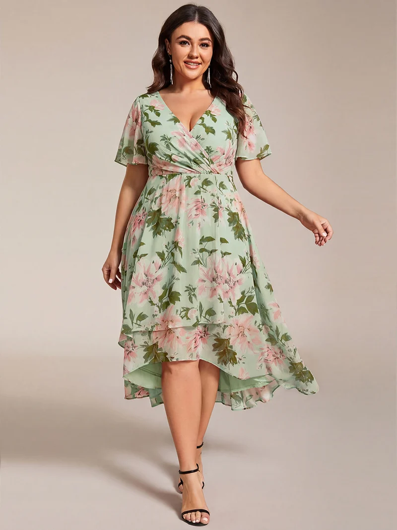 ever LARK|Robe invitée mariage mi-longue plissée en mousseline de soie - Manches à volants & Col en V