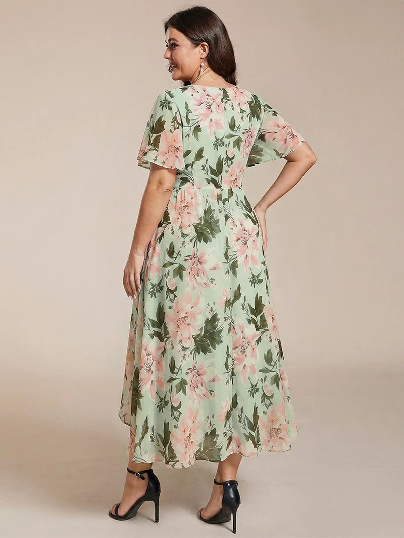 ever LARK|Robe invitée mariage mi-longue plissée en mousseline de soie - Manches à volants & Col en V