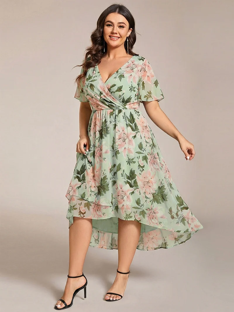 ever LARK|Robe invitée mariage mi-longue plissée en mousseline de soie - Manches à volants & Col en V