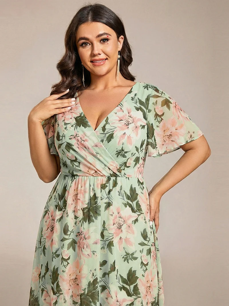 ever LARK|Robe invitée mariage mi-longue plissée en mousseline de soie - Manches à volants & Col en V