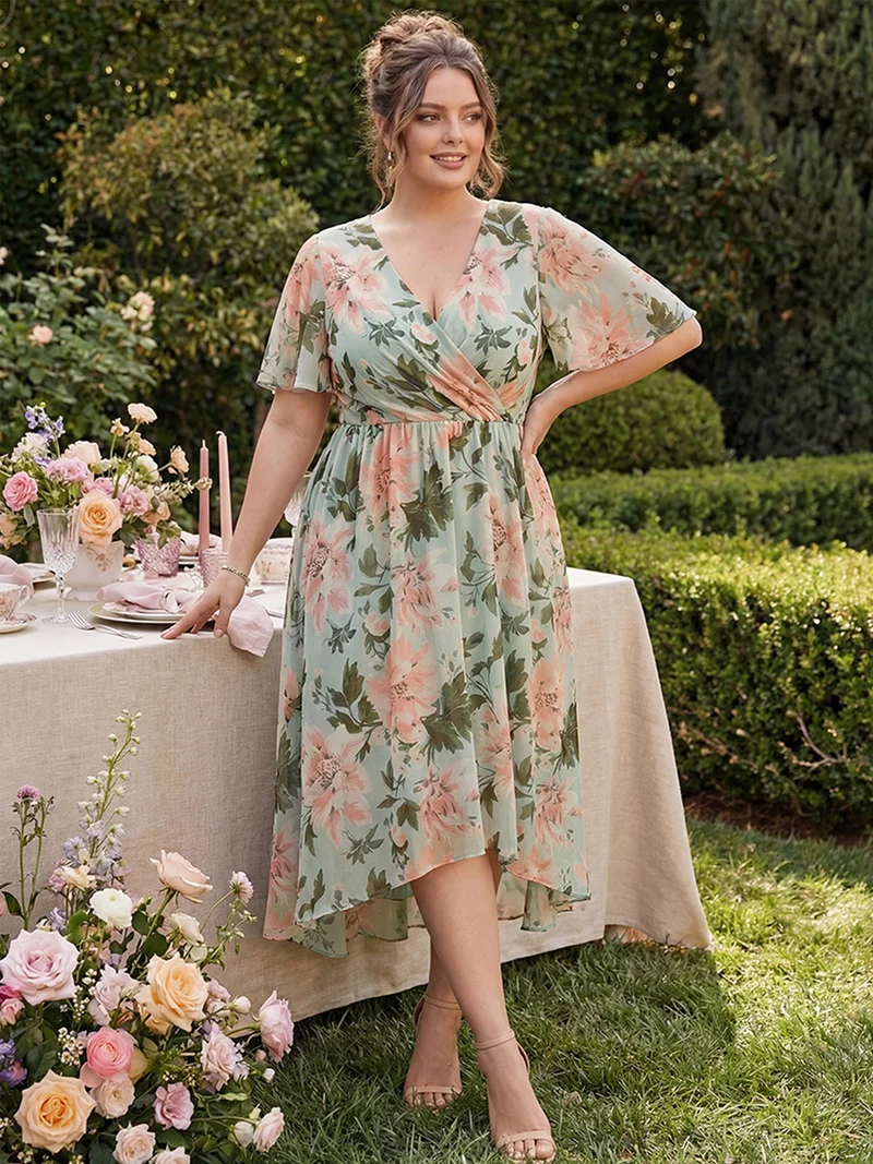 ever LARK|Robe invitée mariage mi-longue plissée en mousseline de soie - Manches à volants & Col en V