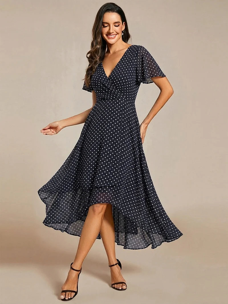 ever LARK|Robe invitée mariage mi-longue plissée en mousseline de soie - Manches à volants & Col en V