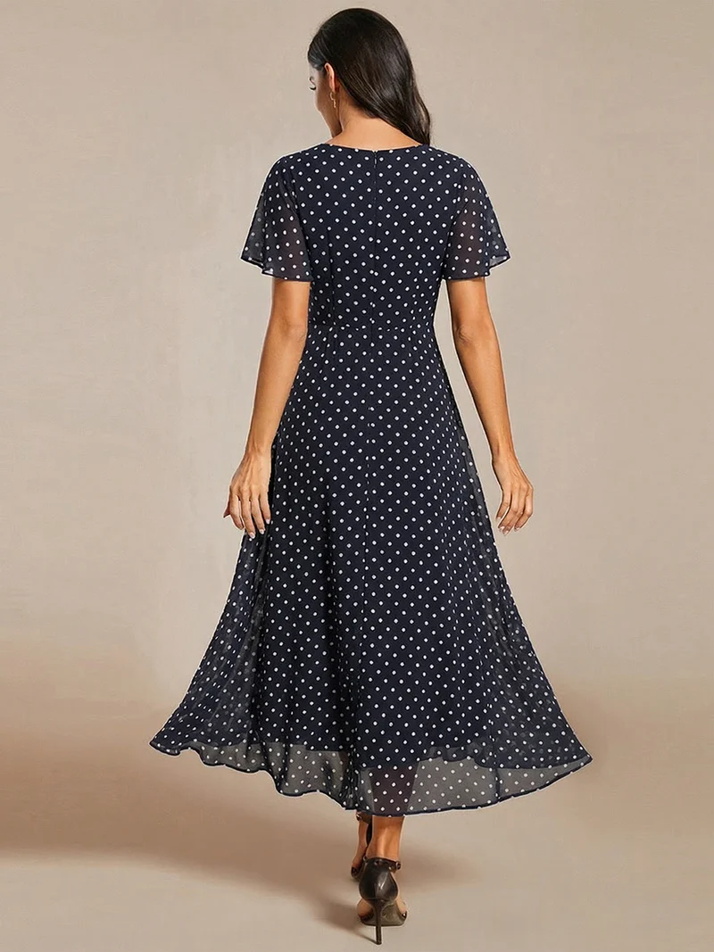 ever LARK|Robe invitée mariage mi-longue plissée en mousseline de soie - Manches à volants & Col en V