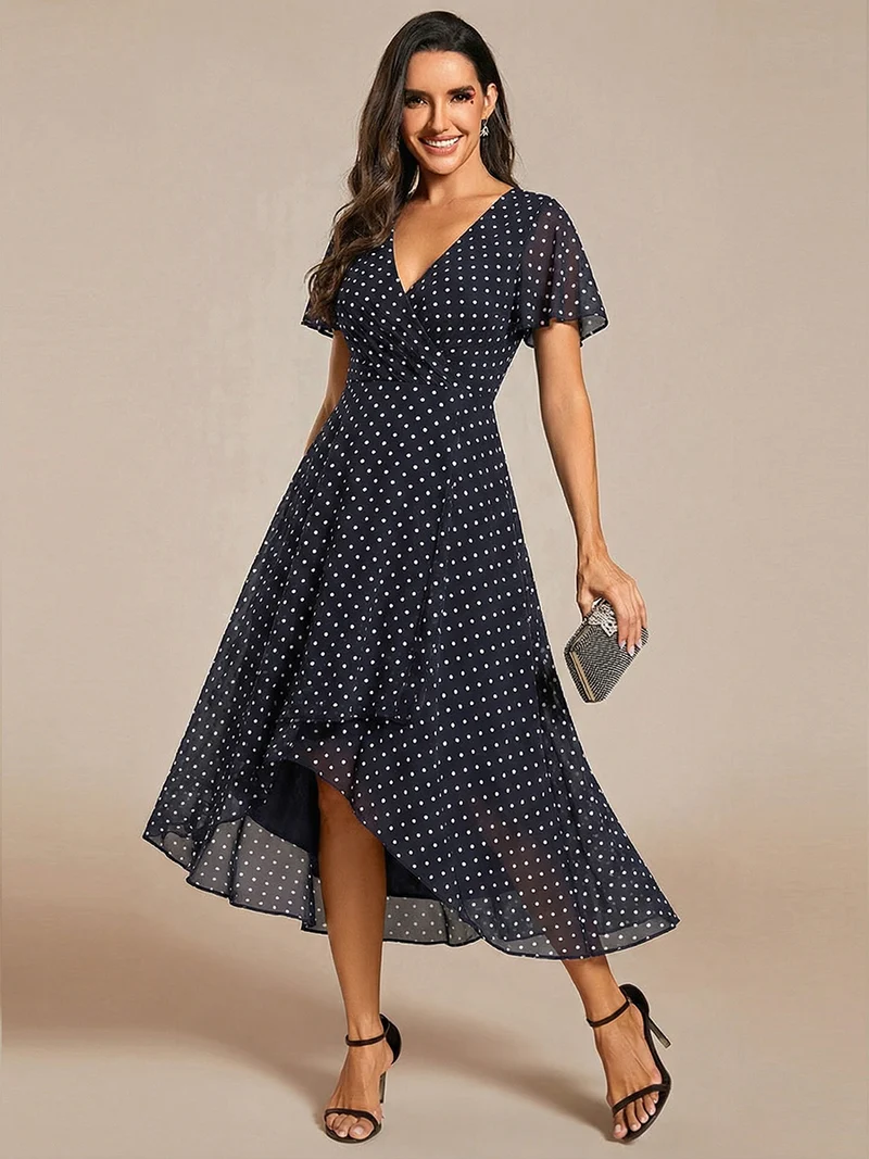 ever LARK|Robe invitée mariage mi-longue plissée en mousseline de soie - Manches à volants & Col en V