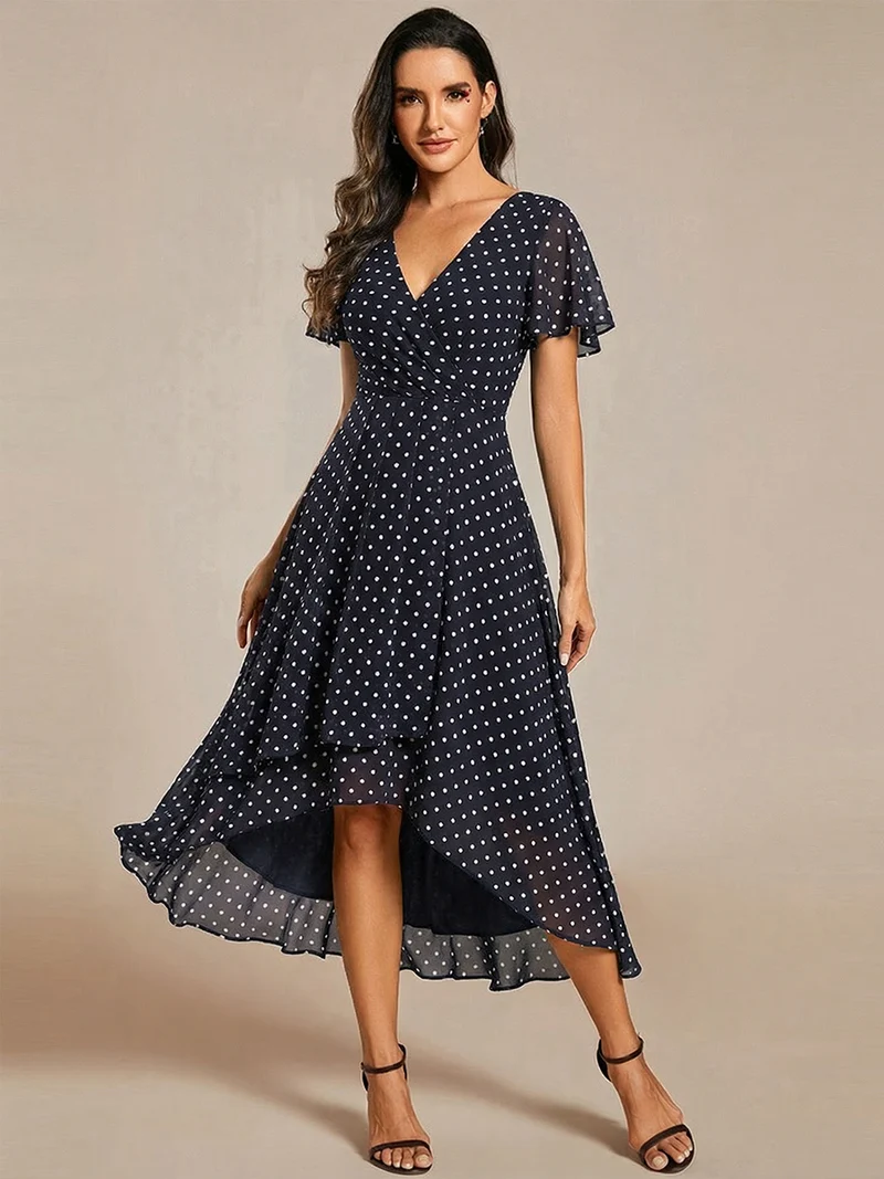 ever LARK|Robe invitée mariage mi-longue plissée en mousseline de soie - Manches à volants & Col en V