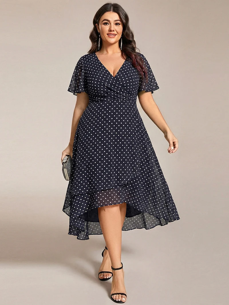 ever LARK|Robe invitée mariage mi-longue plissée en mousseline de soie - Manches à volants & Col en V